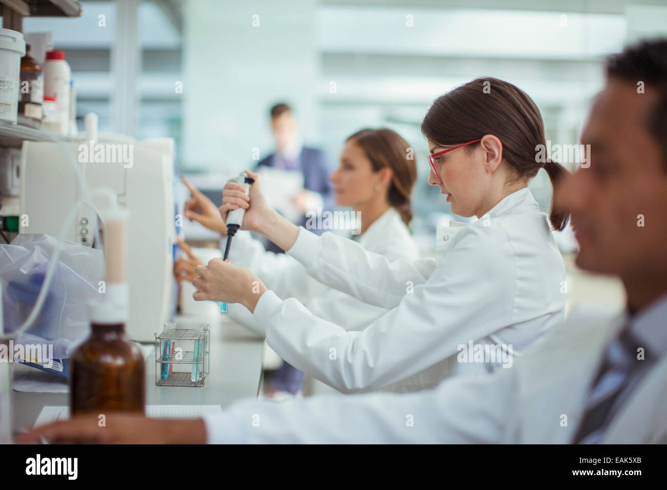 Wissenschaftler Pipettieren Probe im Labor Stockfoto