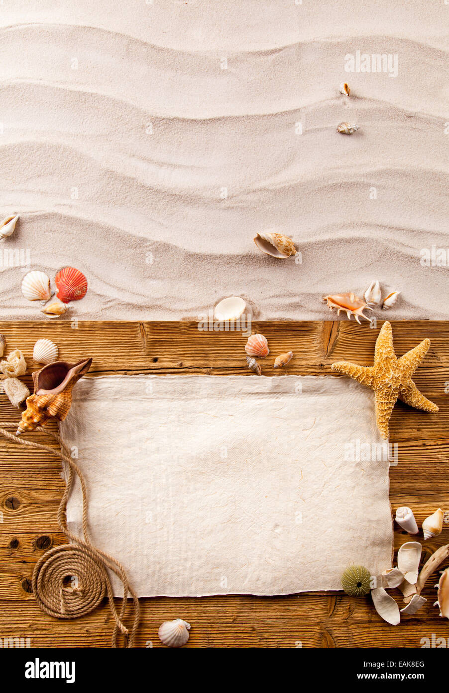 Konzept der Sommerstrand mit Seesternen, Muscheln und leeres Papier auf Holz Stockfoto