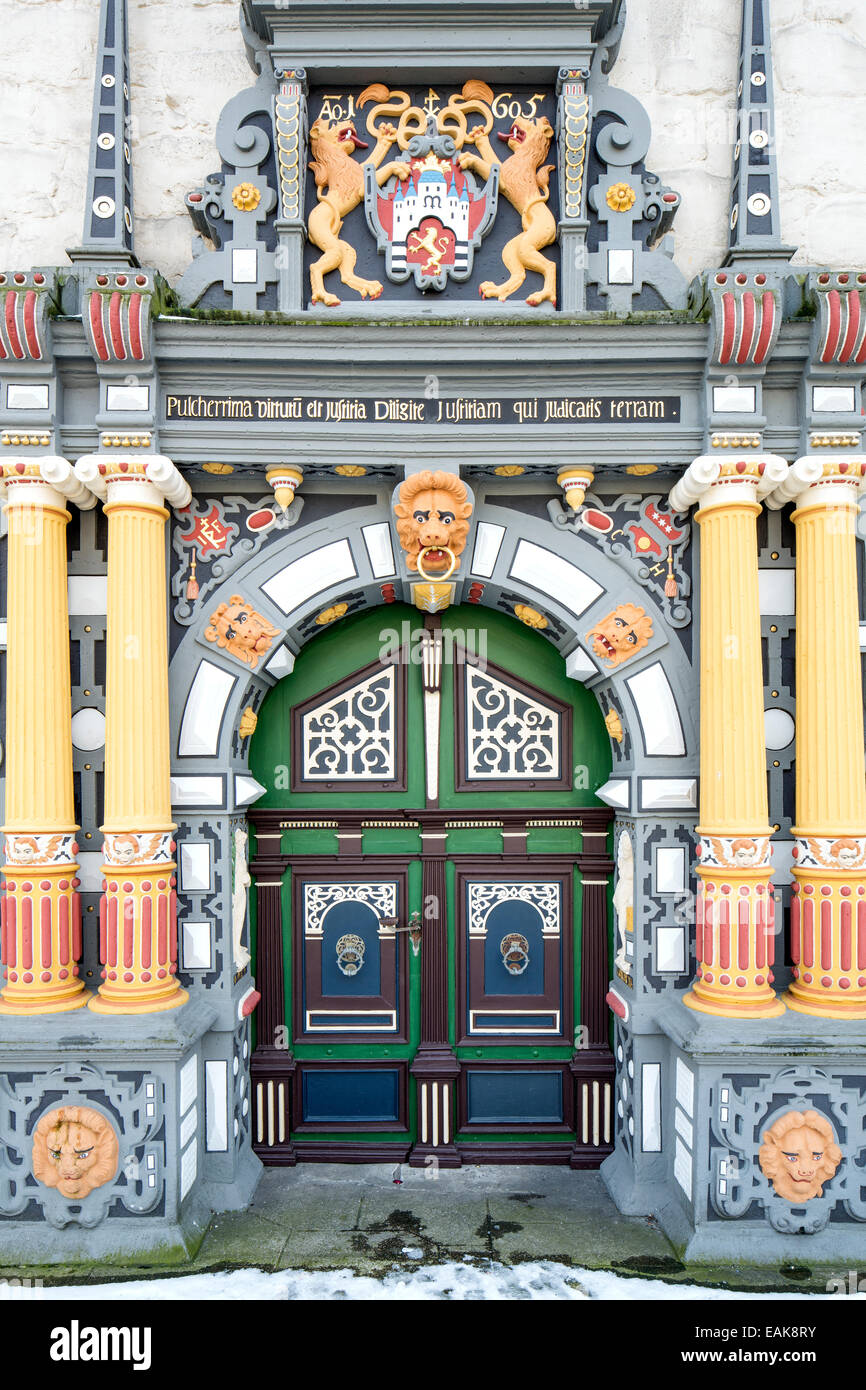 Rathaus in der Weser-Renaissance-Stil, prächtigen Portal, Hannoversch Münden, Niedersachsen, Deutschland Stockfoto