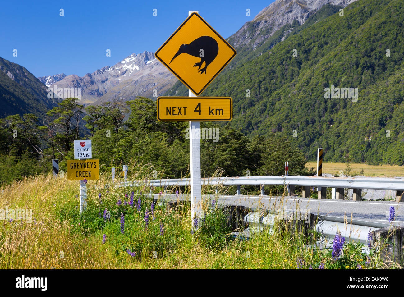 Warnschild, "Kiwis nächsten 4km' am Greyneys Creek, mit Blick auf Mt. Oates, 2041 m, Region Canterbury, Neuseeland Stockfoto