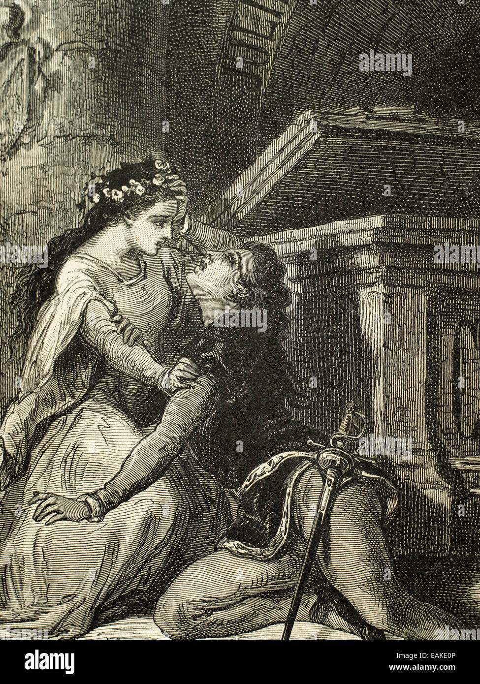 William Shakespeare (1564-1616). Englischer Schriftsteller. Romeo und Julia. Tod von Romeo. Kupferstich, 19. Jahrhundert. Stockfoto