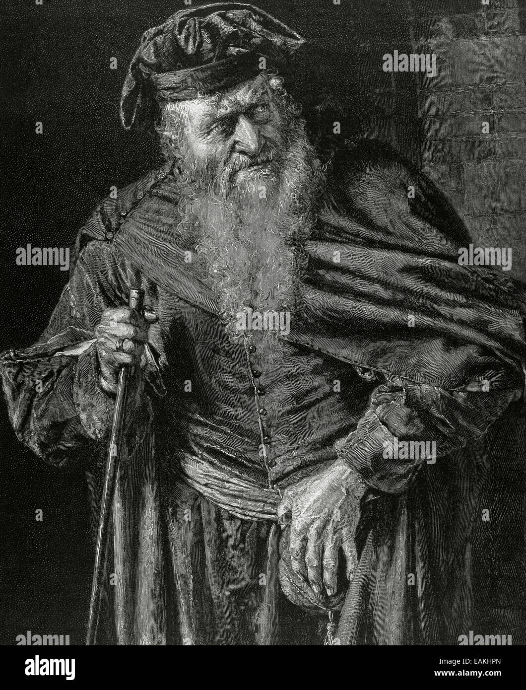William Shakespeare (1564-1616). Der Kaufmann von Venedig. Shylock. Gravur. Stockfoto