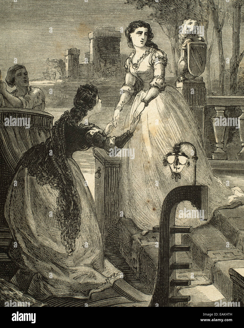 William Shakespeare (1564-1616). Englischer Schriftsteller. Romeo und Julia. Abenteuer einer Nacht. Kupferstich von Gomez, 1868. Stockfoto