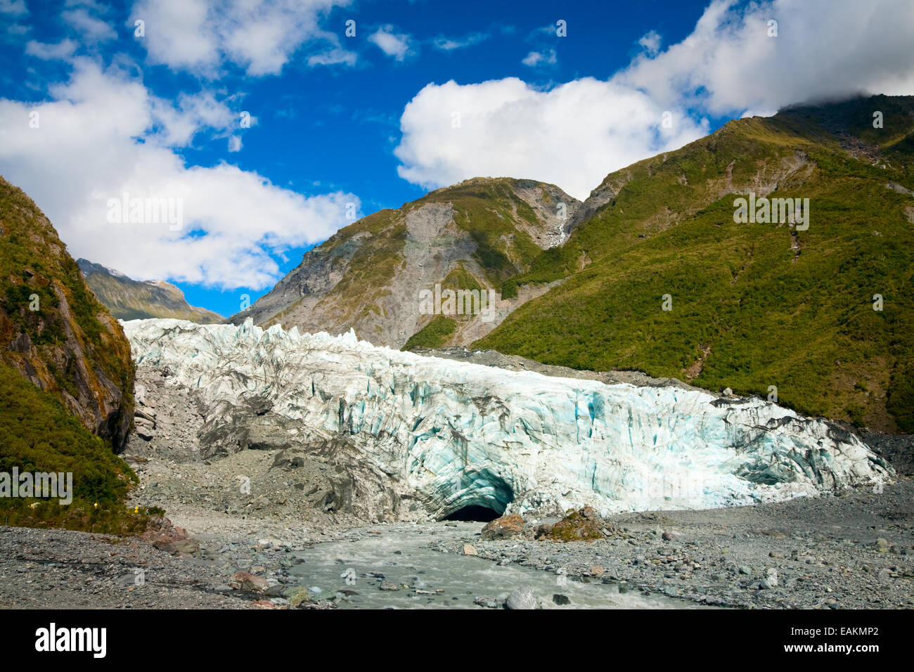 Blick auf die Fox-Gletscher terminal mit Höhle Stockfoto