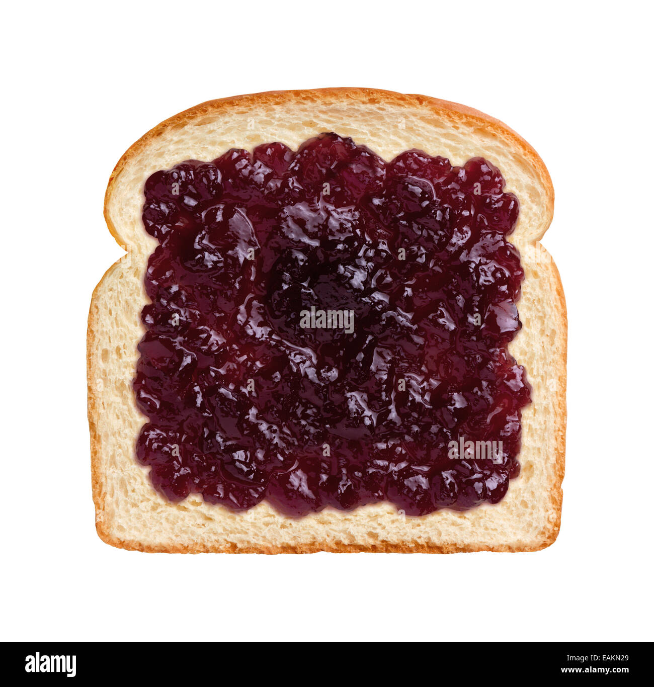 Blick auf eine einzige Scheibe Brot mit Trauben Gelee oder Marmelade. Stockfoto