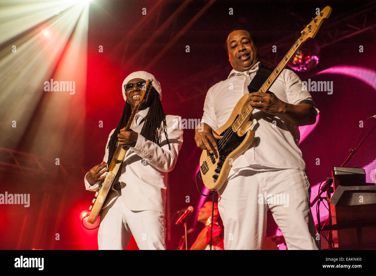 CHIC mit Nile Rodgers und Bassist Jerry Barnes bei einem Konzert im unbekannten Festival, Rovinj, Kroatien, 2014. Stockfoto