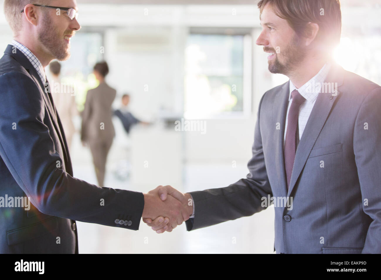 Geschäftsleute in Anzügen Händeschütteln im Büro, Kollegen im Hintergrund Stockfoto