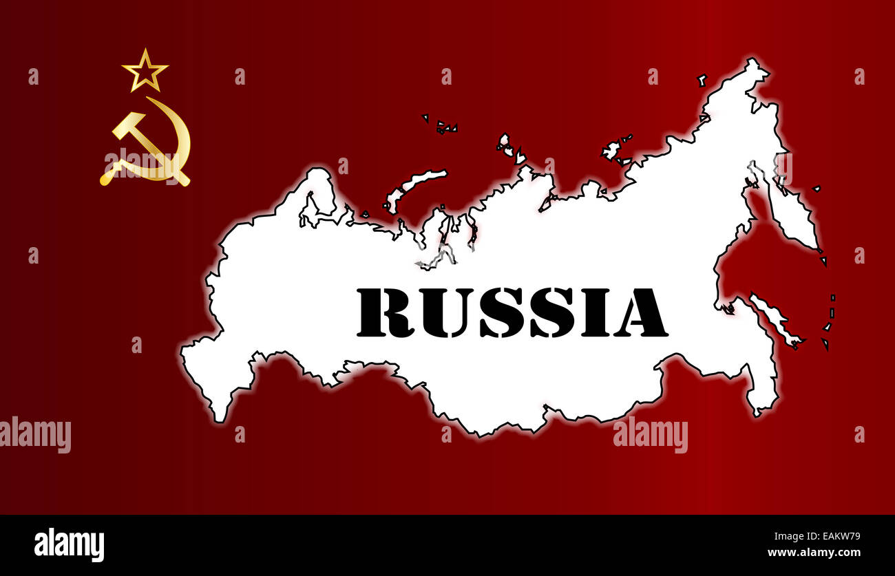 Hammer und Sichel in Gold setzen auf eine russische Flagge mit eingelegten Karte Stockfoto