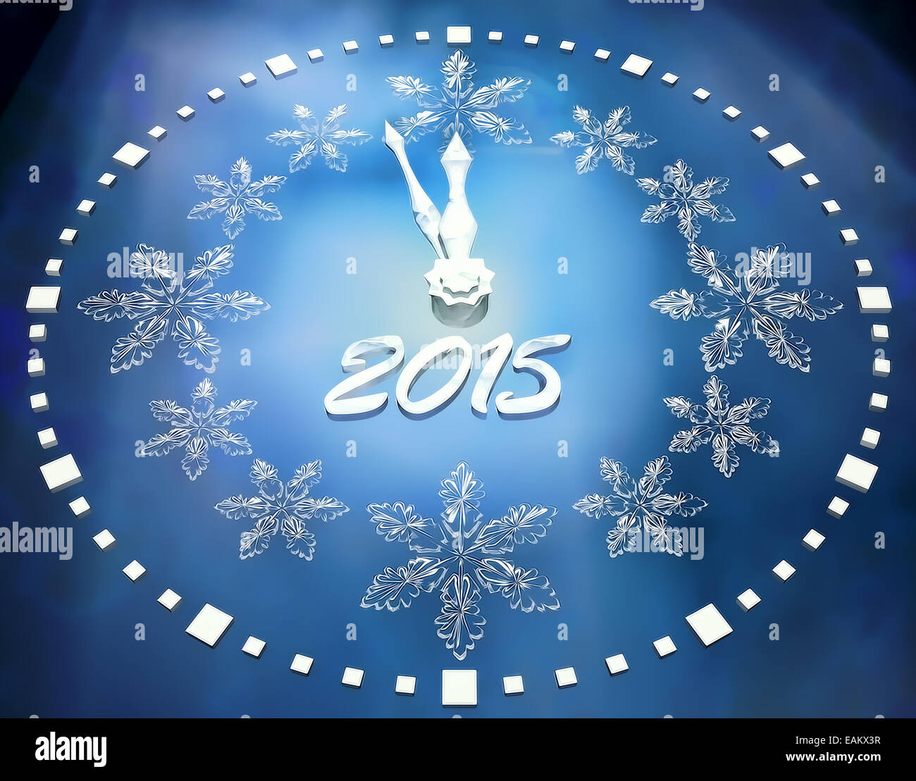 2015 Happy New Year mit Eis Uhr Hintergrund. Stockfoto