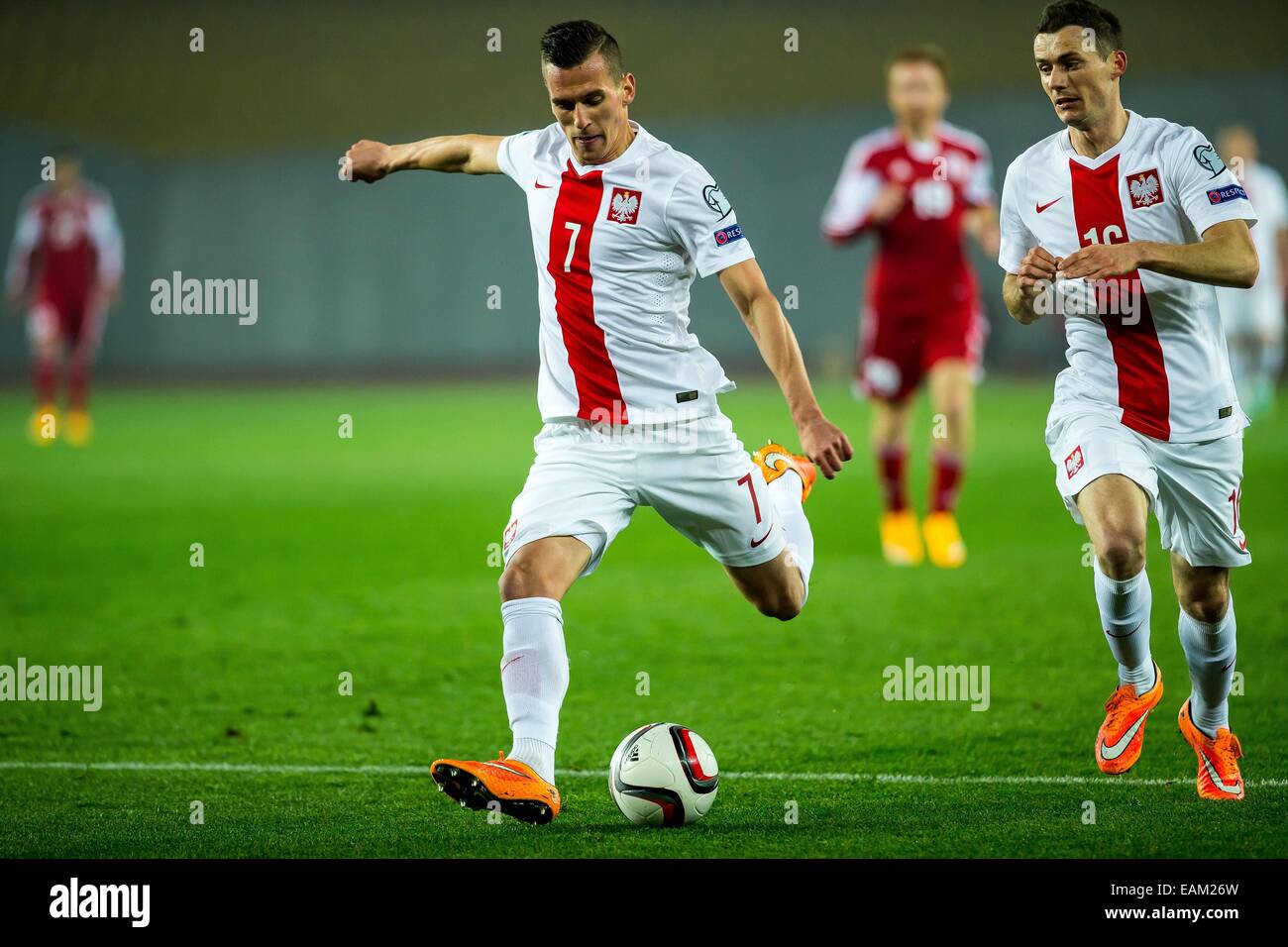 2014.11.14, Tiflis, Georgien, Tbilisi, Fußball, UEFA EURO 2016-Qualifikation, Georgien - Polen. n Z [Arkadiusz Milik] (Polska) Fot. Lukasz Skwiot/Foto Olimpik Stockfoto