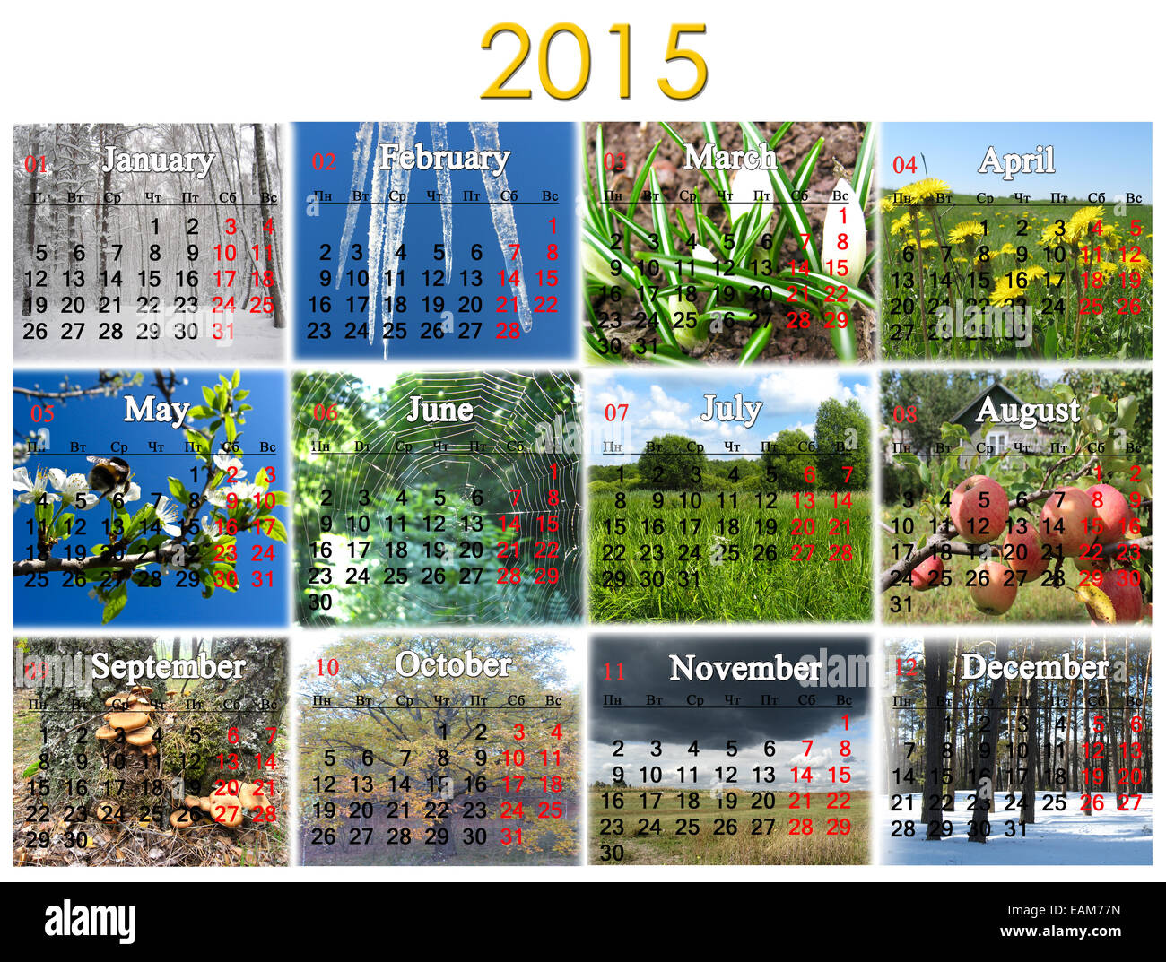 Kalender für das Jahr 2015 auf dem Hintergrund der großen Anzahl von Bildern Stockfoto