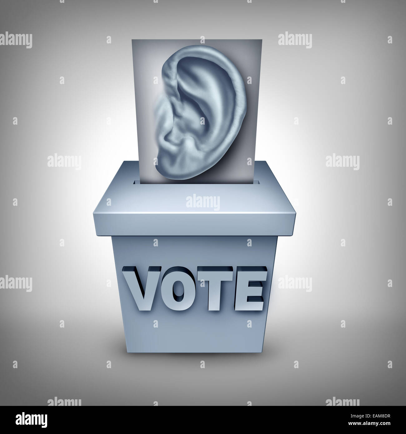 Wähler-Konzept und hören auf die Wünsche der Wähler-Symbol als einen Stimmzettel mit einem menschlichen Ohr gegossen in eine Stimme anhören Stockfoto