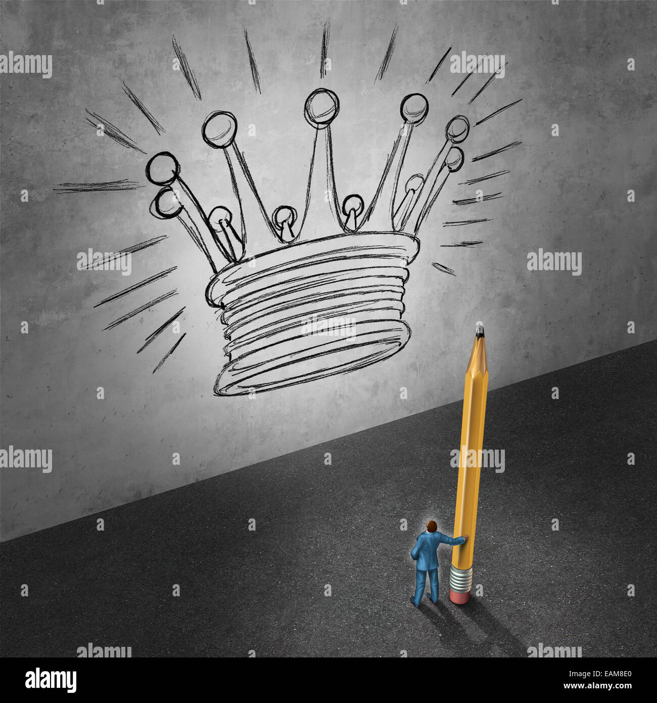 Führung-Entwicklungskonzept als Geschäftsmann hält einen Riesen Bleistift, Blick auf eine Wand mit einer Zeichnung eines Königs Krone als Erfolg Metapher Feind Management Ziele zu erreichen. Stockfoto