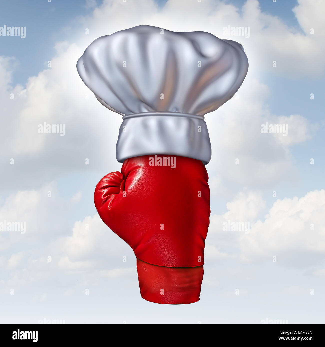 Essen Wettbewerb Konzept und Top Meisterkoch Symbol als eine rote Boxhandschuh mit einer weißen Küche kochen Hut auf Himmelshintergrund als Symbol für Cook off und Rezept-Wettbewerbe. Stockfoto