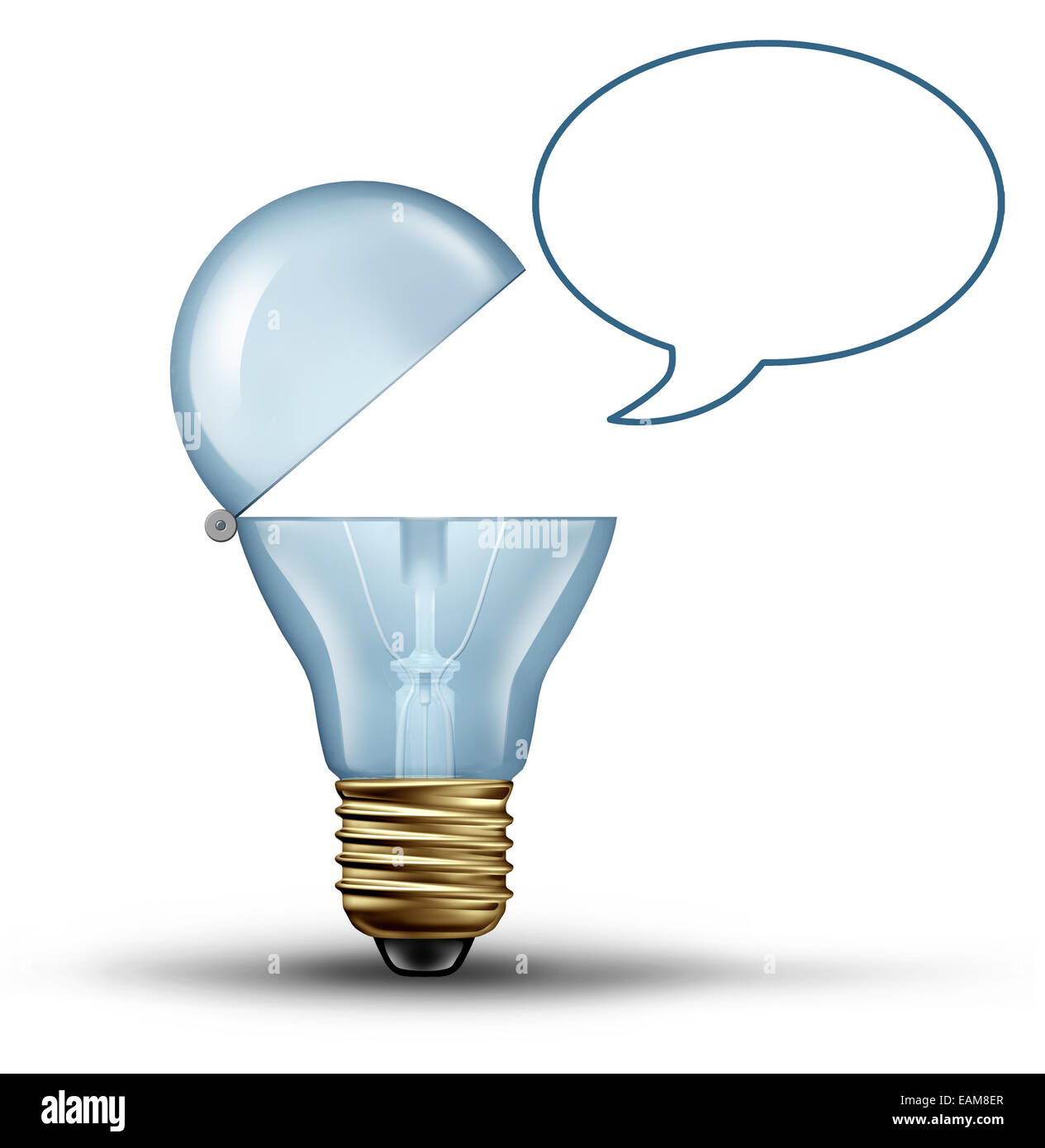 Idee-Kommunikations-Konzept als eine Glühbirne mit offenem Mund Wth eine leere Sprechblase als kreative Symbol für Kommunikation zu sprechen, die innovatives Denken durch den Einsatz von marketing und social Media auf einem weißen Hintergrund. Stockfoto