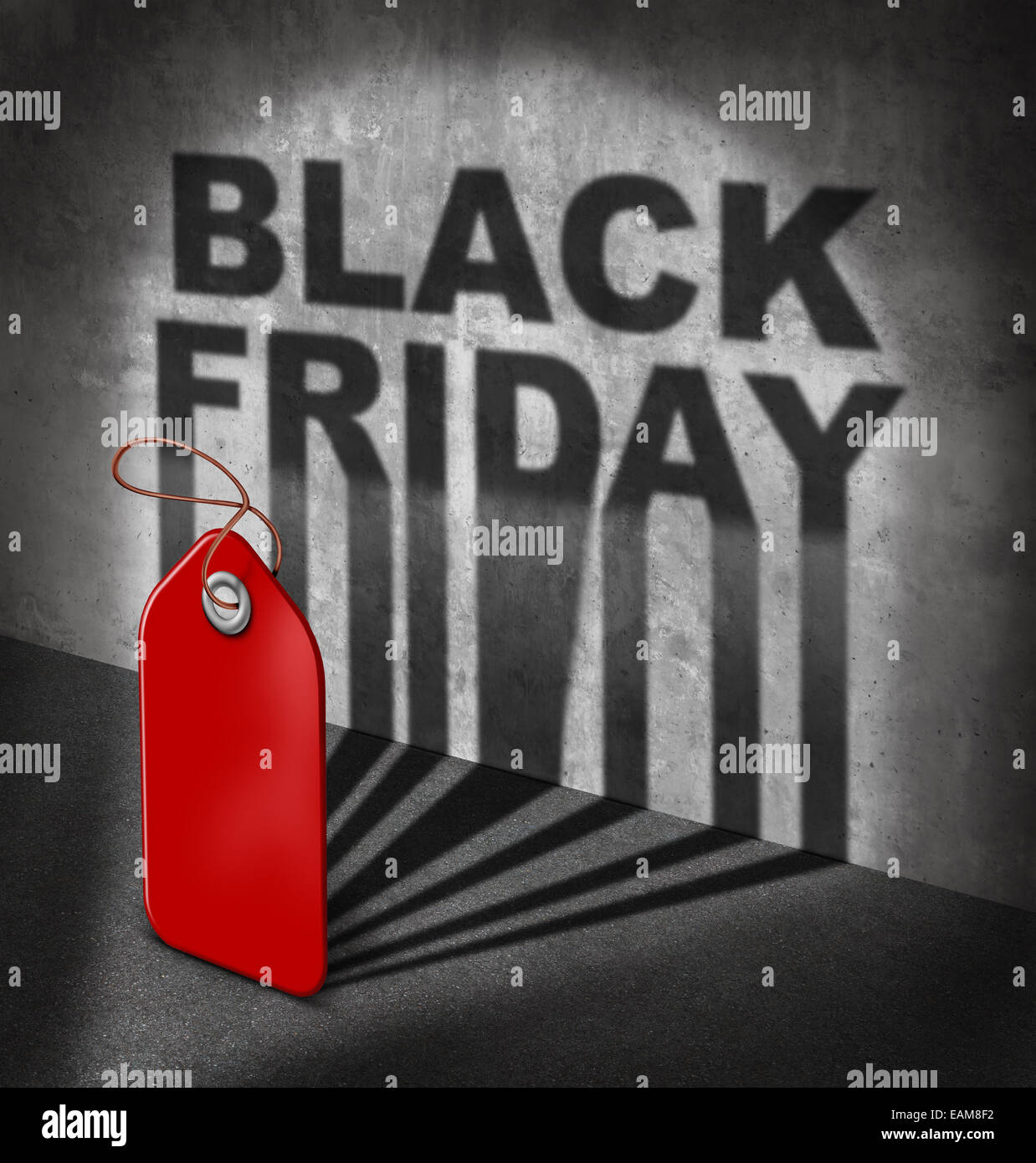 Schwarzer Freitag Verkauf Konzept als ein rotes Preisschild wirft einen Schatten auf die Wand mit Text als Symbol für den Beginn der Ferien feiern Stockfoto