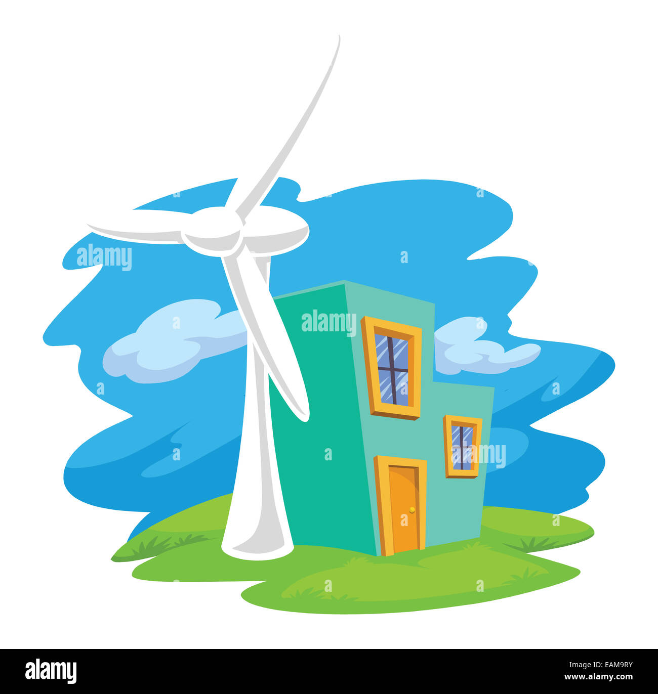 Vektor-Illustration der Windkraftanlage neben einem Wohnhaus, erneuerbare Energiequelle. Stockfoto