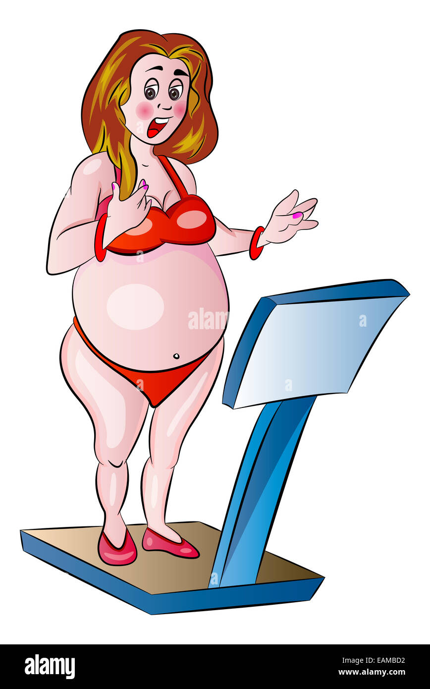 Übergewichtige Frau auf einer Skala, Vektor-illustration Stockfoto