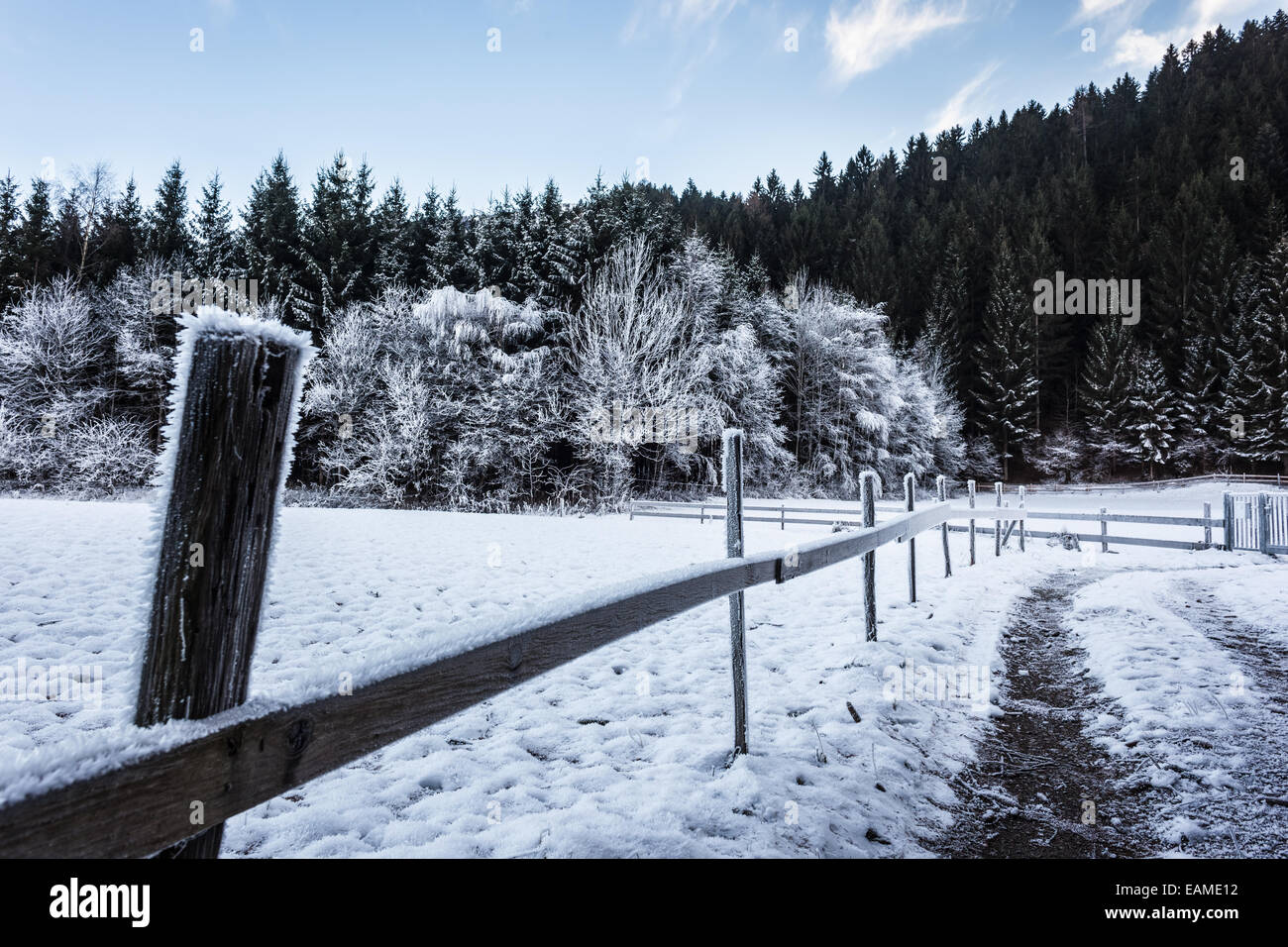 Raureif und einige Hütten im Wald bedeckt ein frostiger ländlichen Wanderweg mit einem Holzzaun Stockfoto