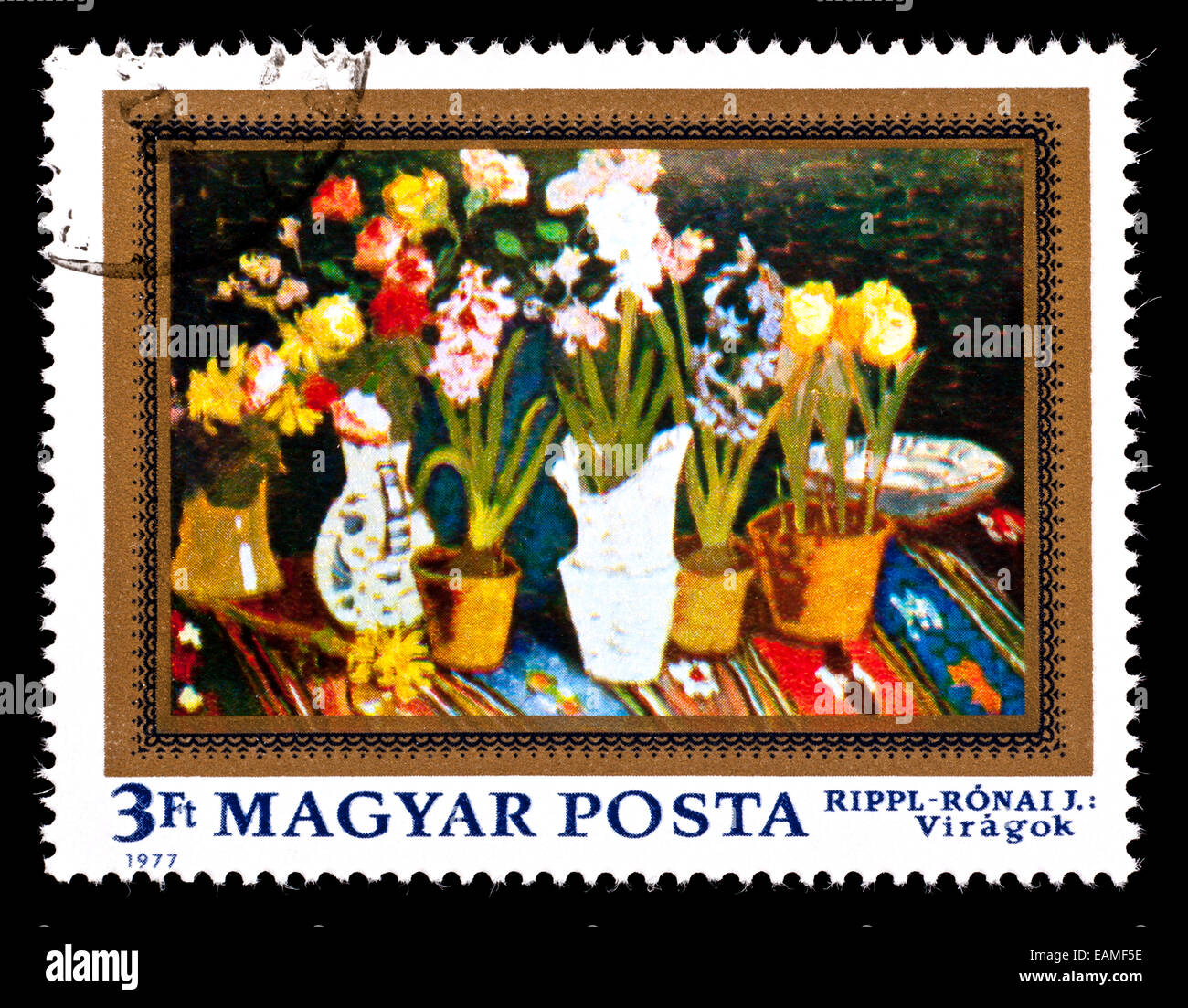 Briefmarke aus Ungarn zeigt ein Gemälde von Blumen von József Rippl-Ronai. Stockfoto
