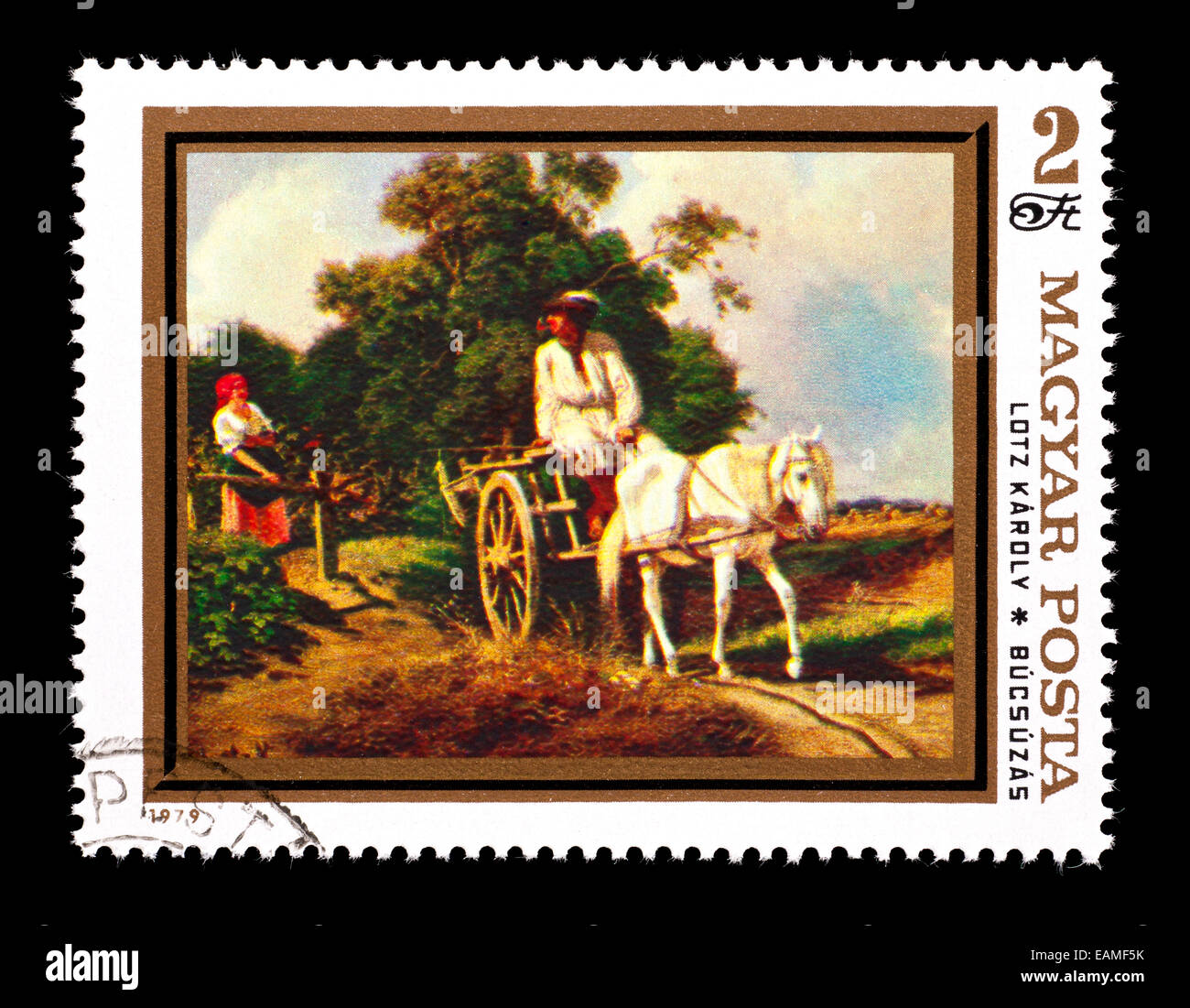 Briefmarke aus Ungarn, die Darstellung der Károly Lotz Malerei "Abschied" Stockfoto