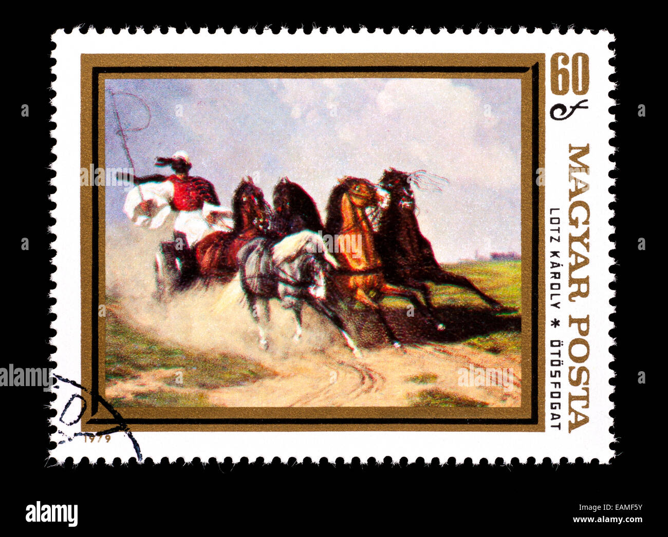 Briefmarke aus Ungarn, die Darstellung der Károly Lotz Malerei "Trainer und fünf" Stockfoto