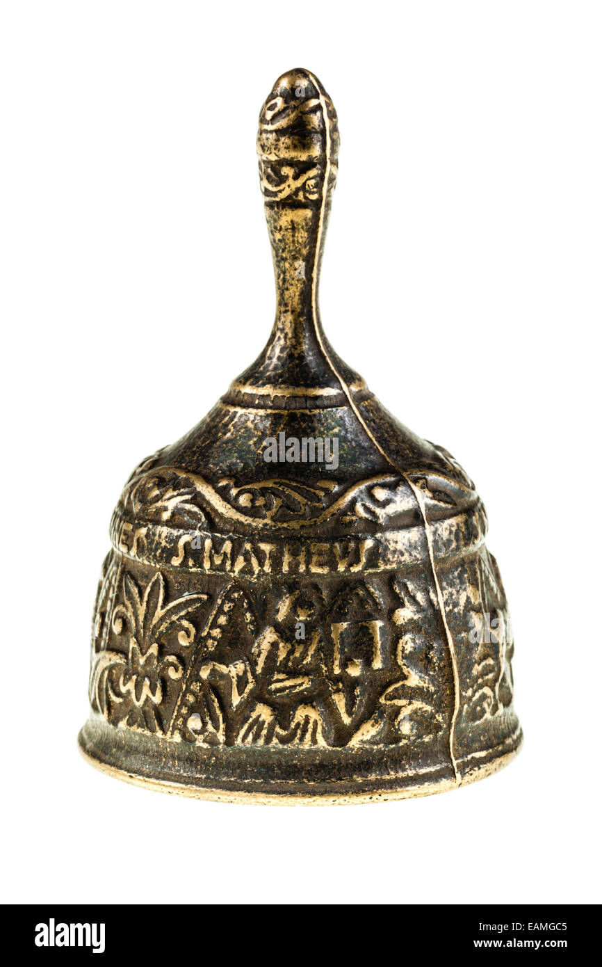 Mittelalterlichen katholischen Bronzeglocke mit den Namen S.Marcvs, S. Lvcas, Johannes, S. Mathevs eingraviert Stockfoto