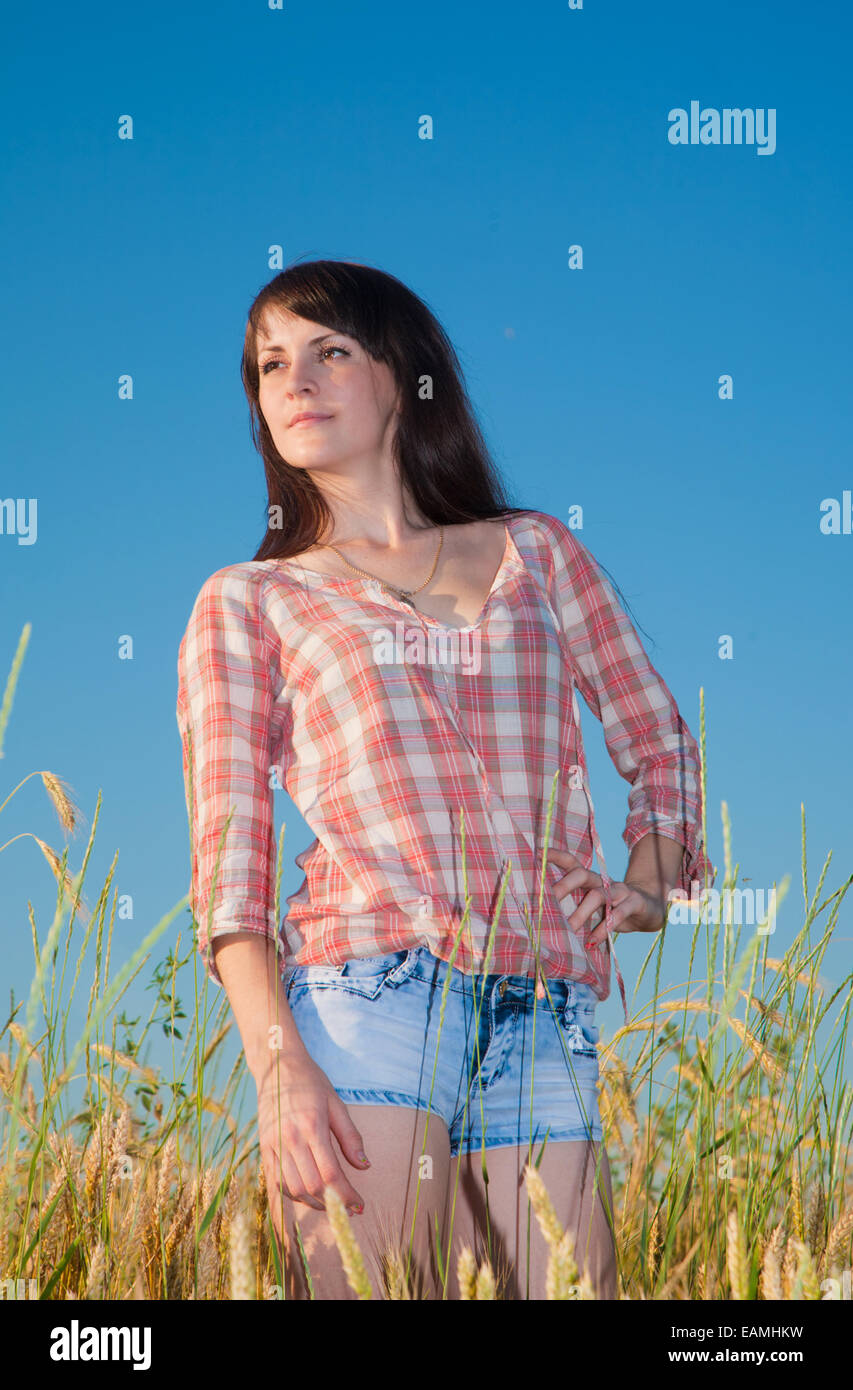 Schöne Brünette Frau in einem Weizenfeld Stockfoto