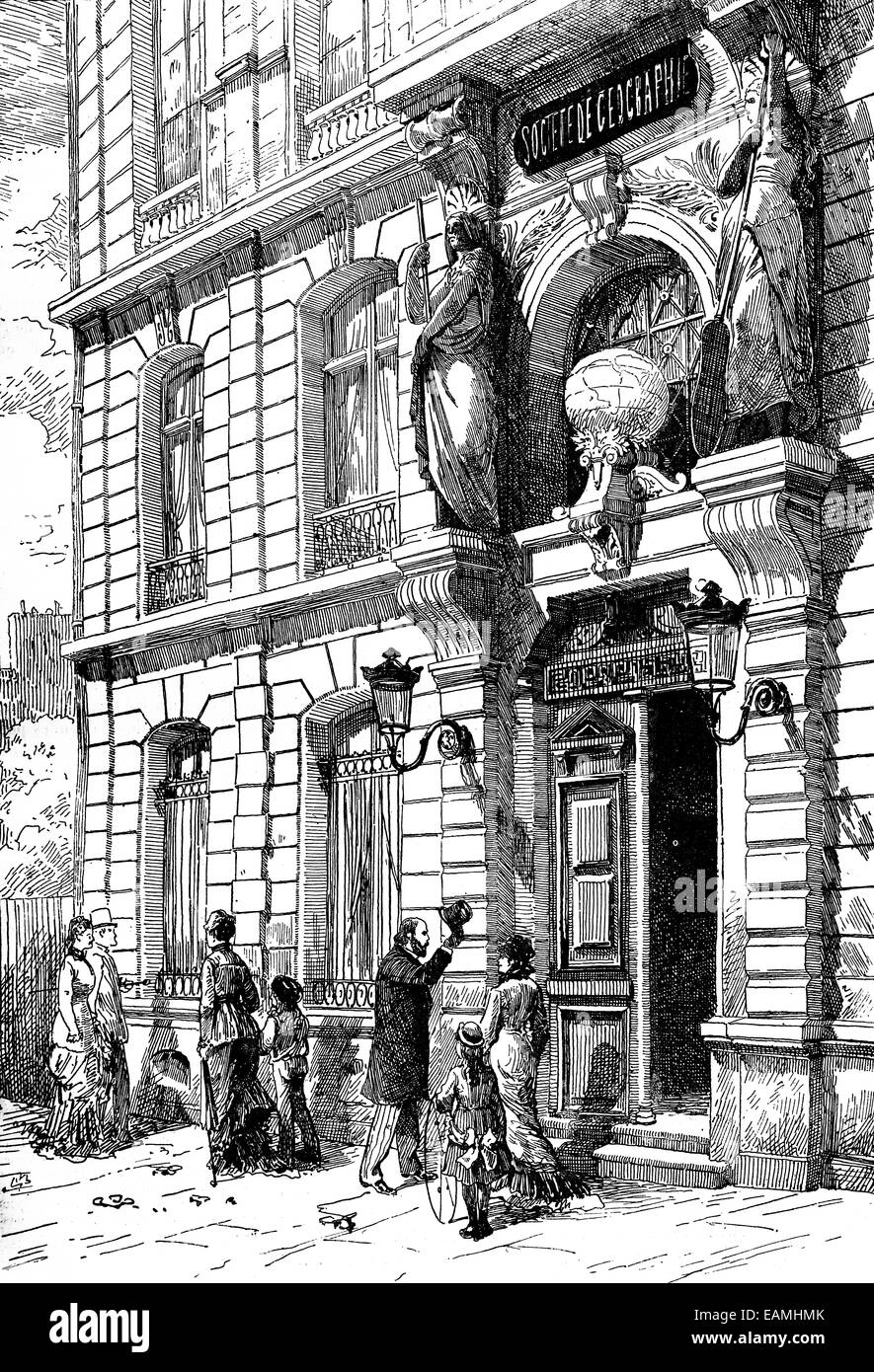 Hotel der französischen geographischen Gesellschaft, graviert Vintage Illustration. Journal des Voyages, Reise-Journal (1879 / 80). Stockfoto