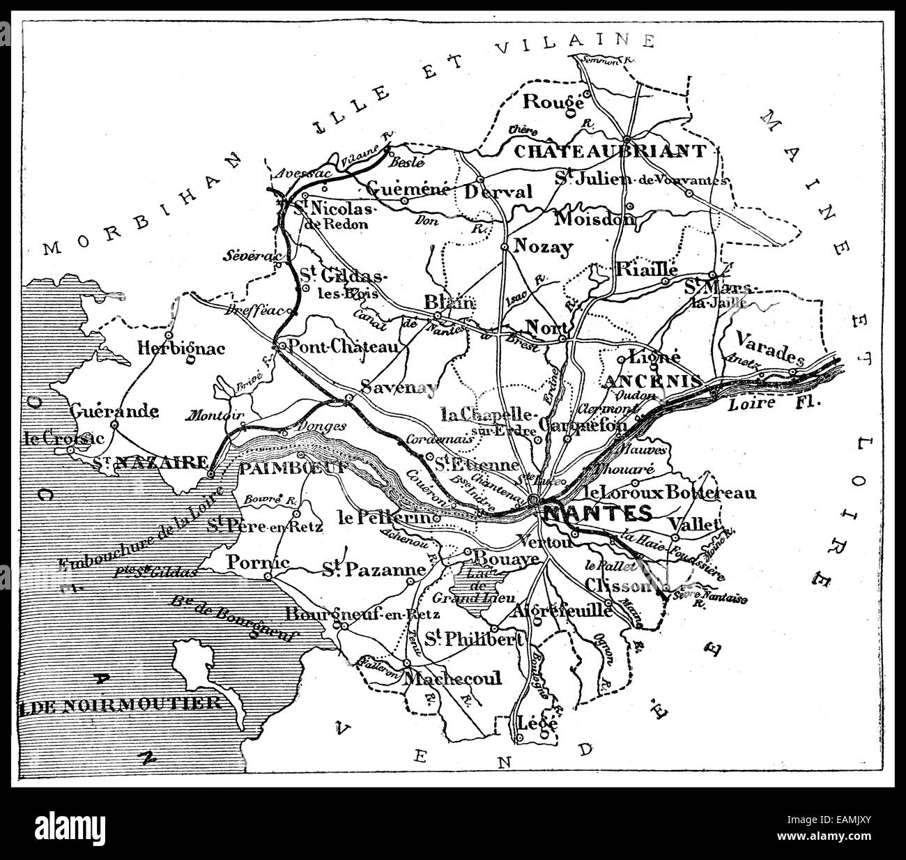 Karte des Departements Loire-Less, graviert Vintage Illustration. Journal des Voyages, Reise-Journal (1879 / 80). Stockfoto