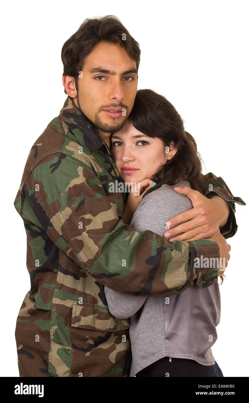 junge Frau und Soldat in Militäruniform sagen auf Wiedersehen-Bereitstellung Stockfoto