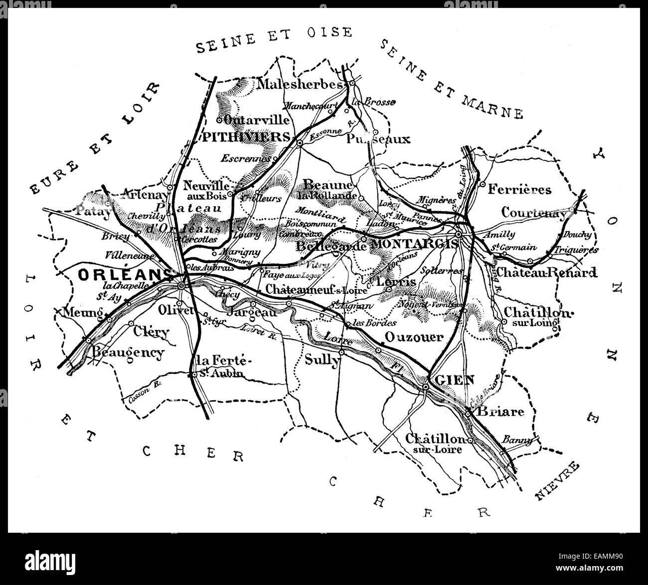 Karte von Departement Loiret, Vintage gravierten Abbildung. Journal des Voyages, Reise-Journal (1879 / 80). Stockfoto