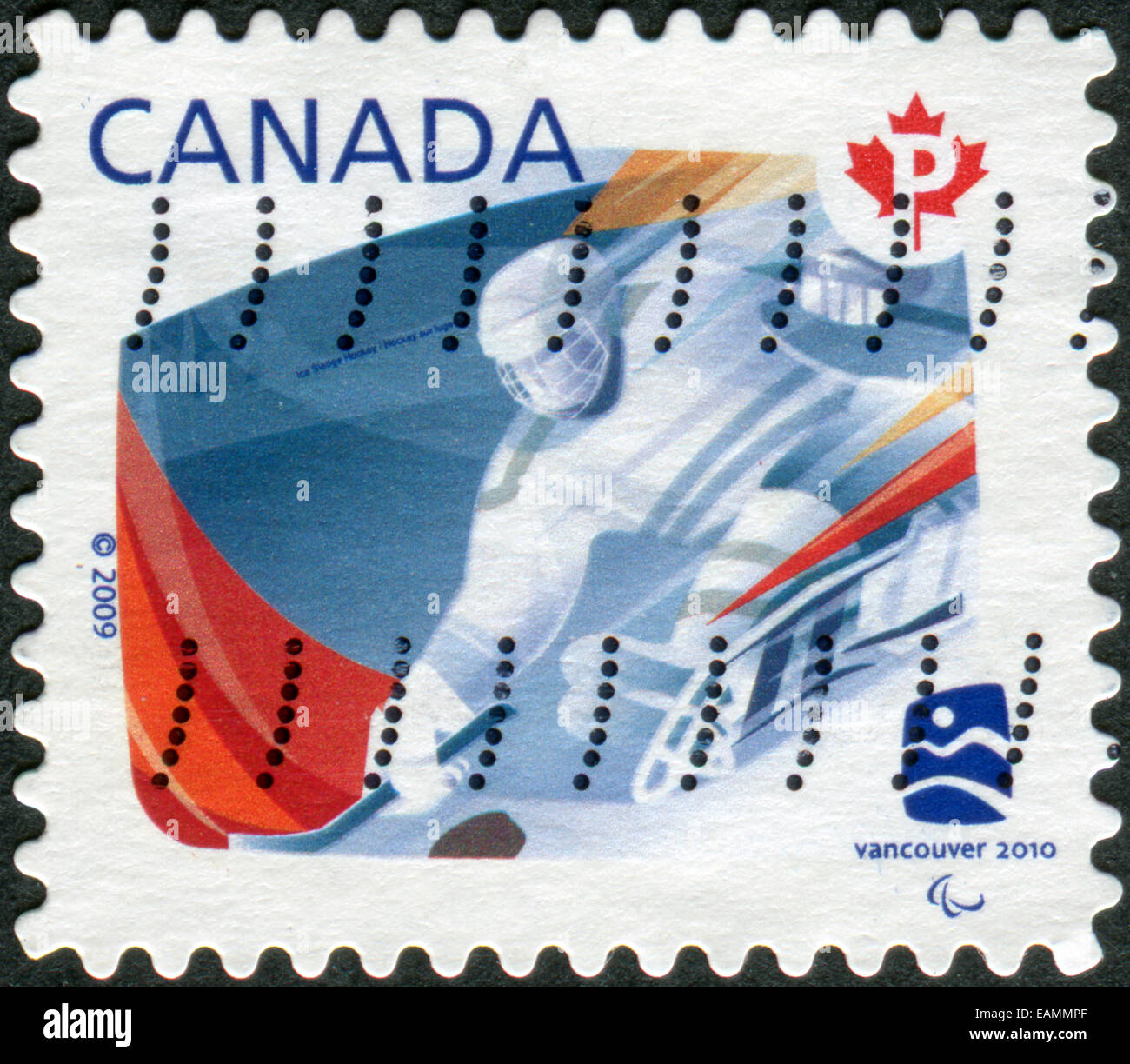 Kanada - CIRCA 2009: Porto Stempel gedruckt in Kanada, gewidmet der Olympischen Winterspiele in Vancouver, zeigt Sledge Hockey, ca. 2009 Stockfoto