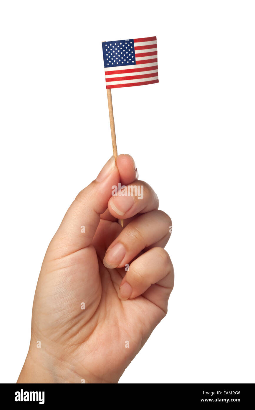 Hand winkend eine Mini-Vereinigte Staaten von Amerika-Flagge isoliert auf weißem Hintergrund Stockfoto
