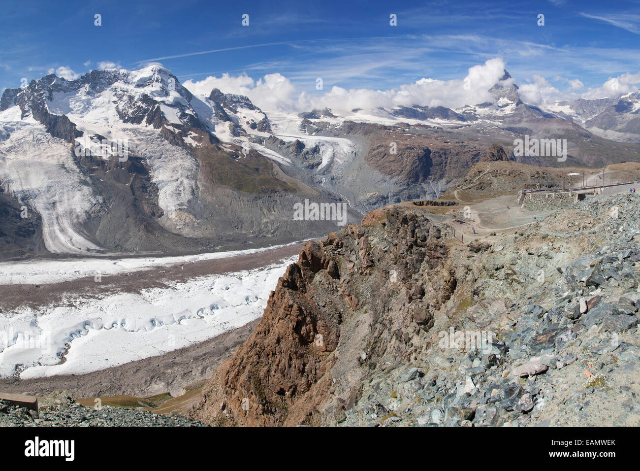Gornergletscher und Matterhorn vom Gornergrat, Zermatt, Schweiz. Stockfoto