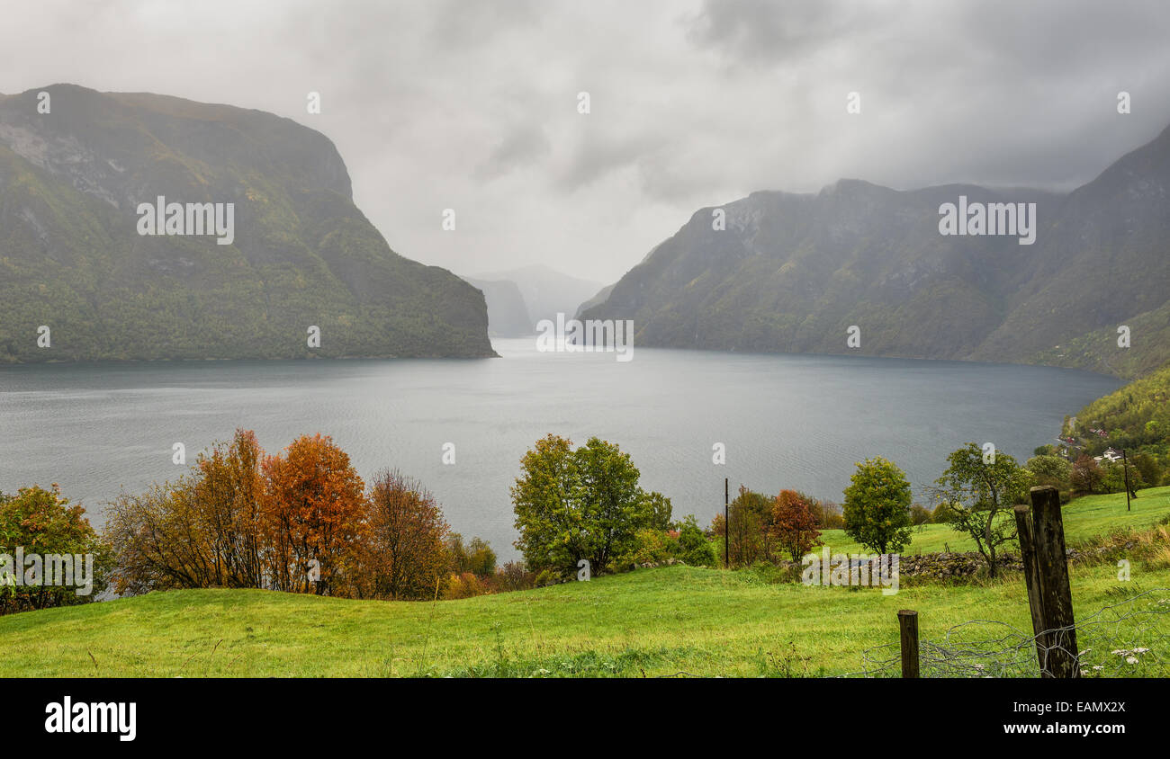Aurlandsfjords im Nebel, in der Nähe von Aurland, Norwegen.  Es befindet sich auf der Südseite des Sognefjorden im Bezirk Sogn. Stockfoto