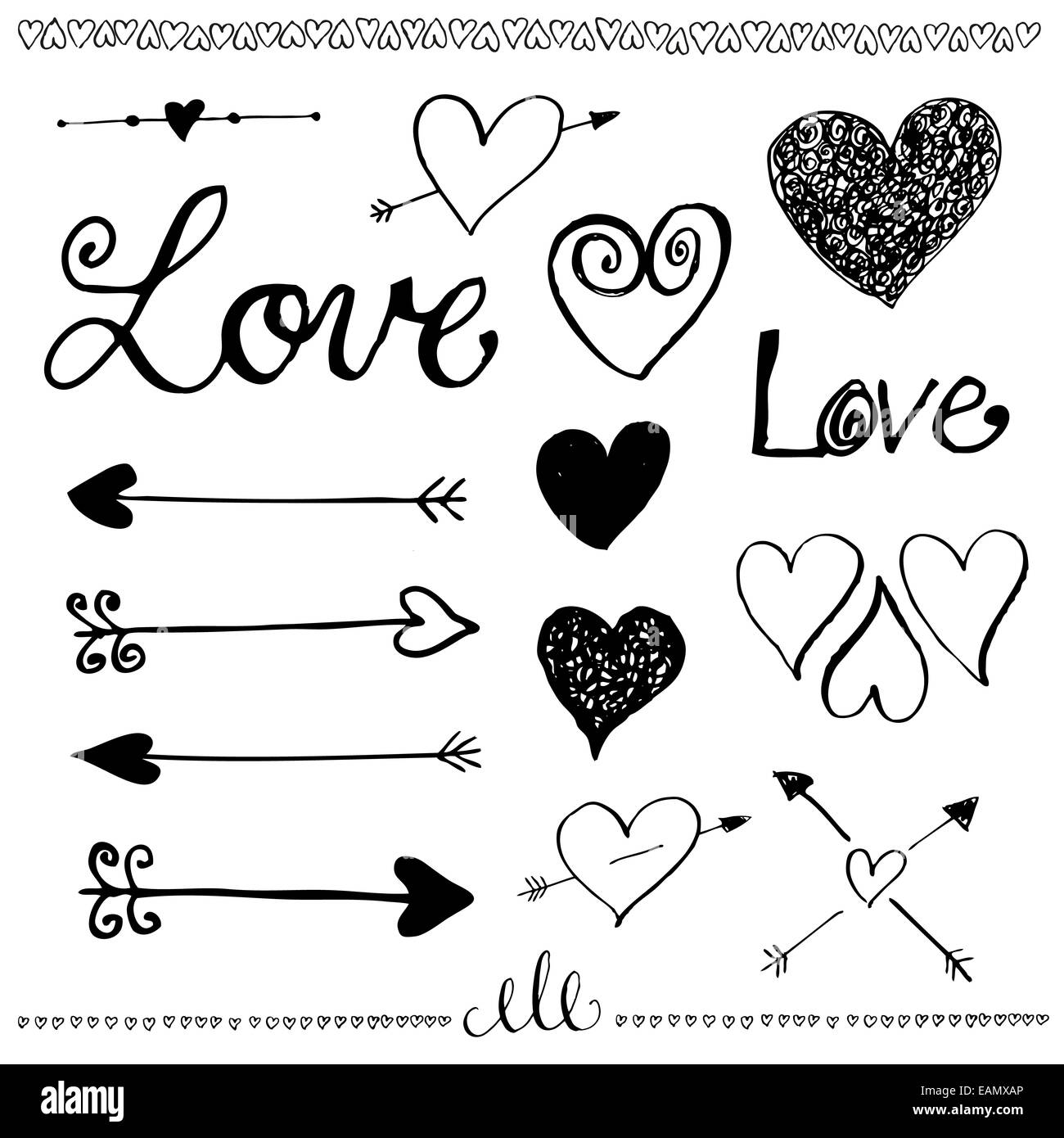 Doodle Liebe Tintensatz. Stift Herz