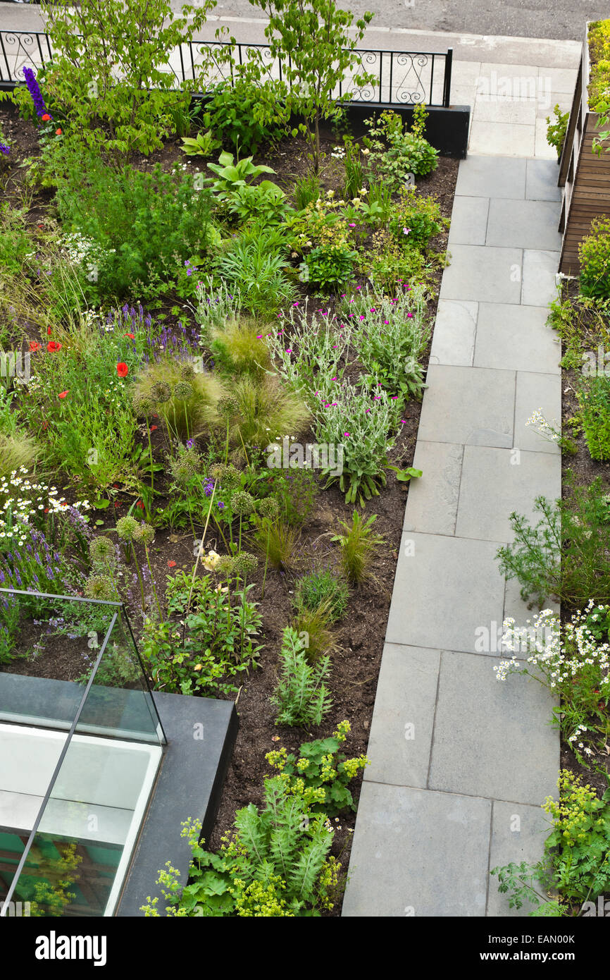 Modularem Design-Schema enthält eine robuste Glas-Screen-Funktion soll verhindern, dass jemand vor dem Herunterfallen in den winzigen, versunkene Patio, die Verbindungen der Keller mit einem geschickt ausgegrabenen Weinkeller befindet sich unter das Einzelbett natürlicher, gemischte Pflanzung Stockfoto