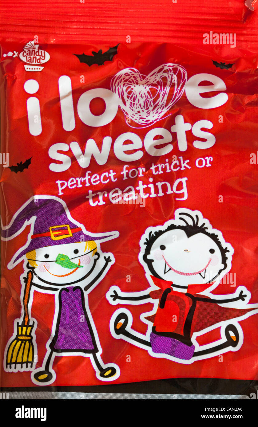 Beutel mit Ich liebe Süßigkeiten perfekt für Süßes oder Saures - ideal für Halloween Stockfoto