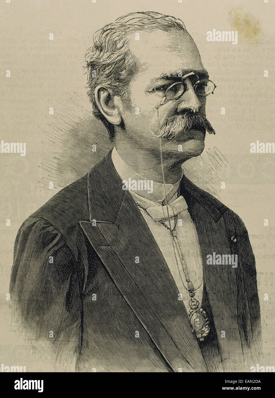 Ricardo Palma (1833-1919). Peruanische Schriftsteller, Gelehrter, Bibliothekar und Politiker. Porträt. Gravur. Stockfoto