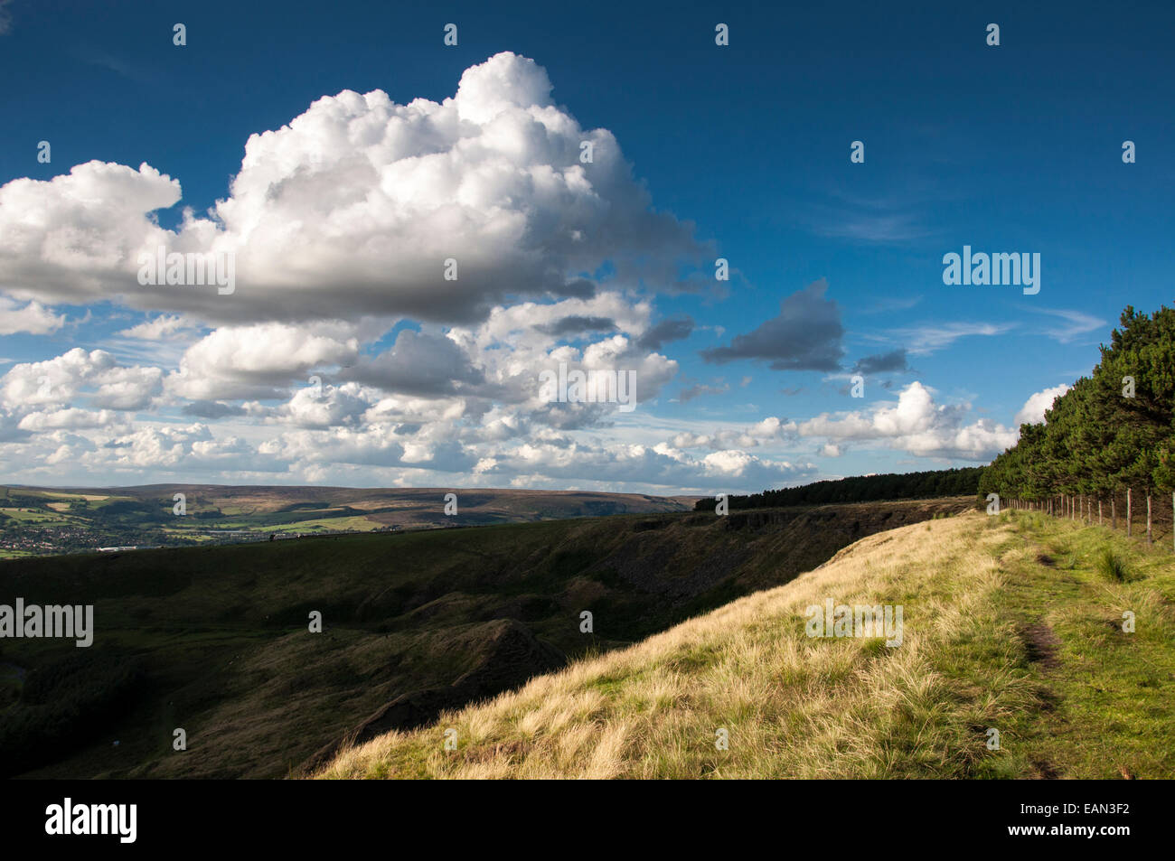 Coombes Kante im Charlesworth in der Nähe von Glossop in Derbyshire. Eine Sommerlandschaft mit flauschigen Wolken am blauen Himmel. Stockfoto