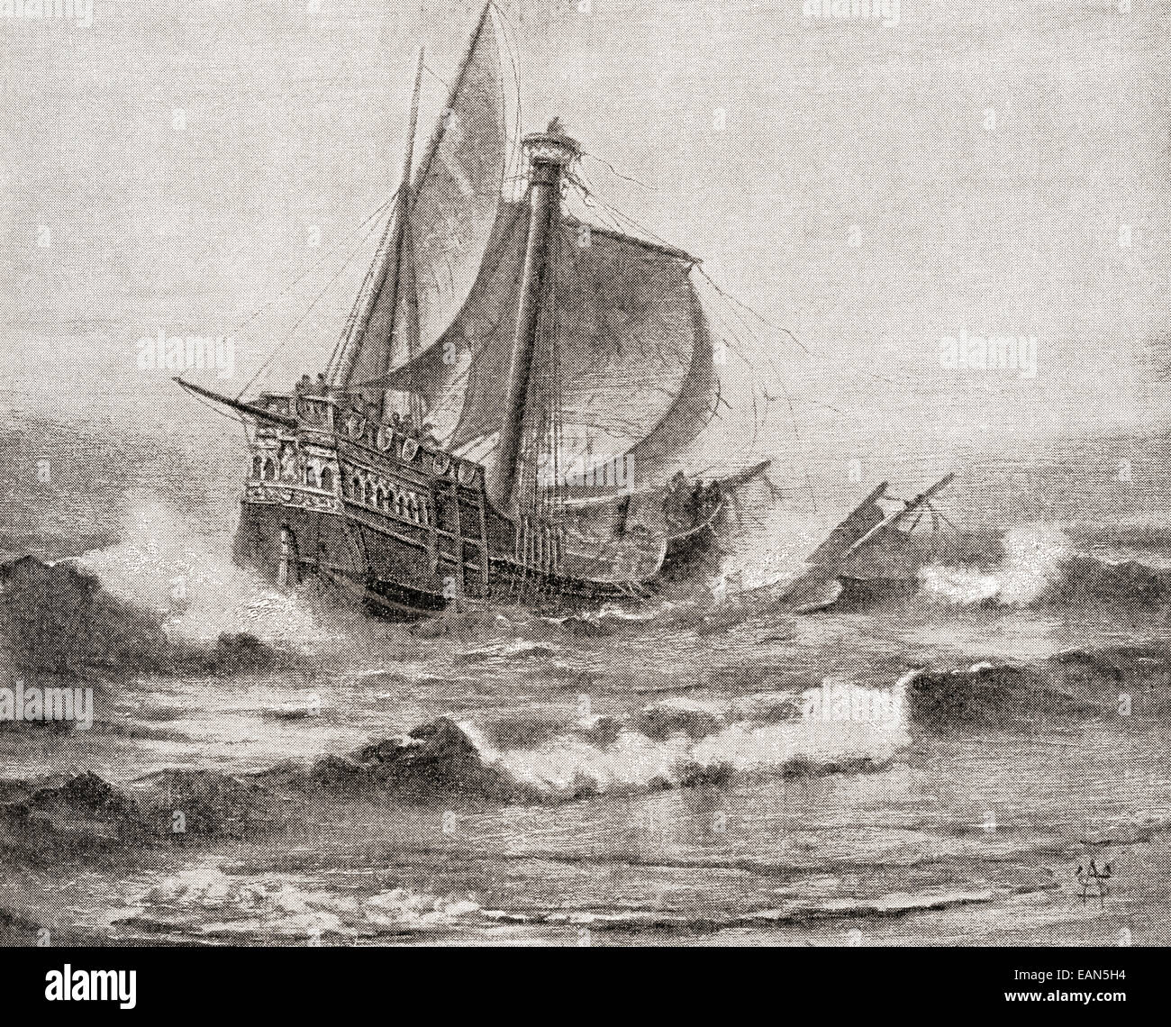 Das Wrack der Columbus ist die Santa María zu 25 Dezember 1492, vor der Küste der Insel Hispaniola versenden. Stockfoto