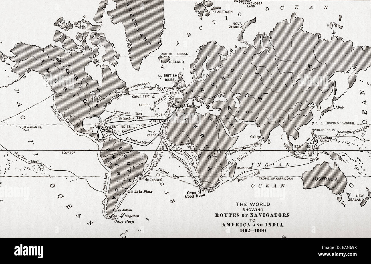 Weltkarte mit den Routen der Seefahrer nach Amerika und Indien von 1492-1600. Stockfoto