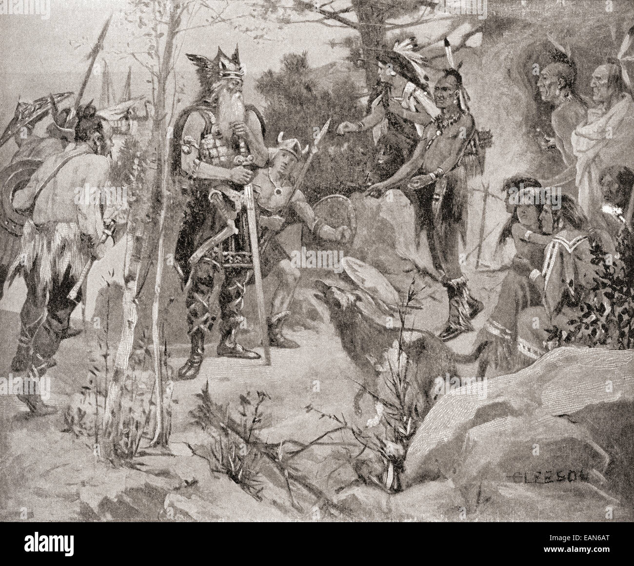 Das erste Treffen zwischen den Normannen und die Ureinwohner Nordamerikas im 11. Jahrhundert. Stockfoto