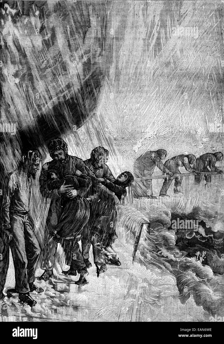 Ein gefährlicher Weg. Der mysteriöse Nebel graviert Vintage Illustration. Journal des Voyages, Reise-Journal (1879 / 80). Stockfoto