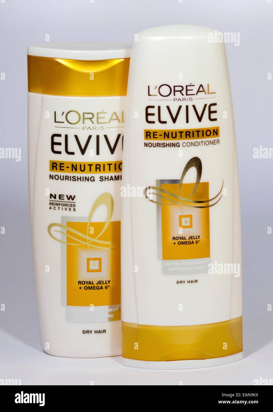 L ' Oréal Elvive Re-Nutrition Shampoo und Conditioner für trockenes Haar Stockfoto