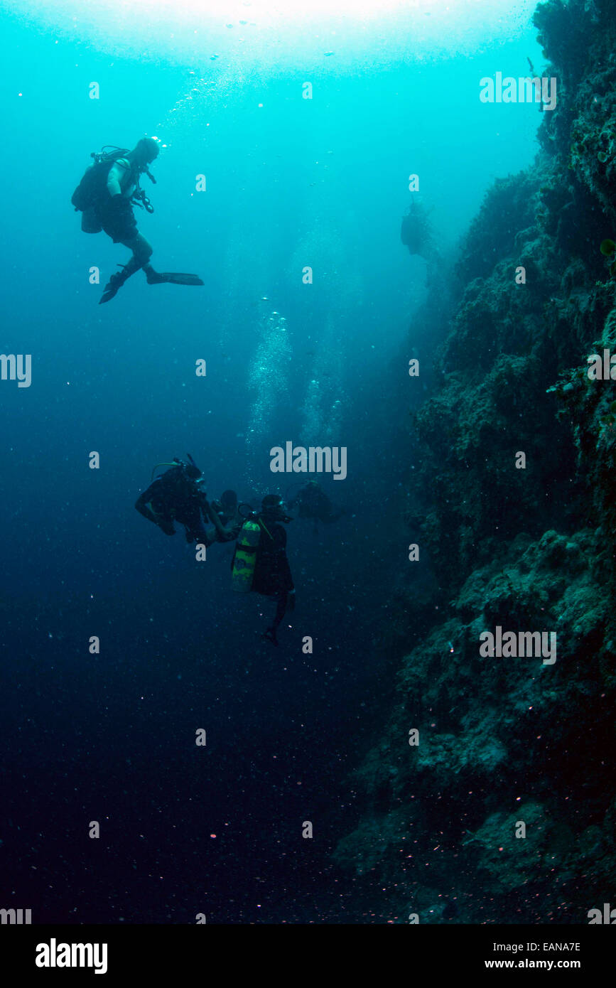 US Navy Taucher tauchen neben Belize Küstenwache Taucher Tauchgangs eine gemeinsame Ausbildung an der berühmten Blue Hole 11. Juli 2014 in Belize. Stockfoto