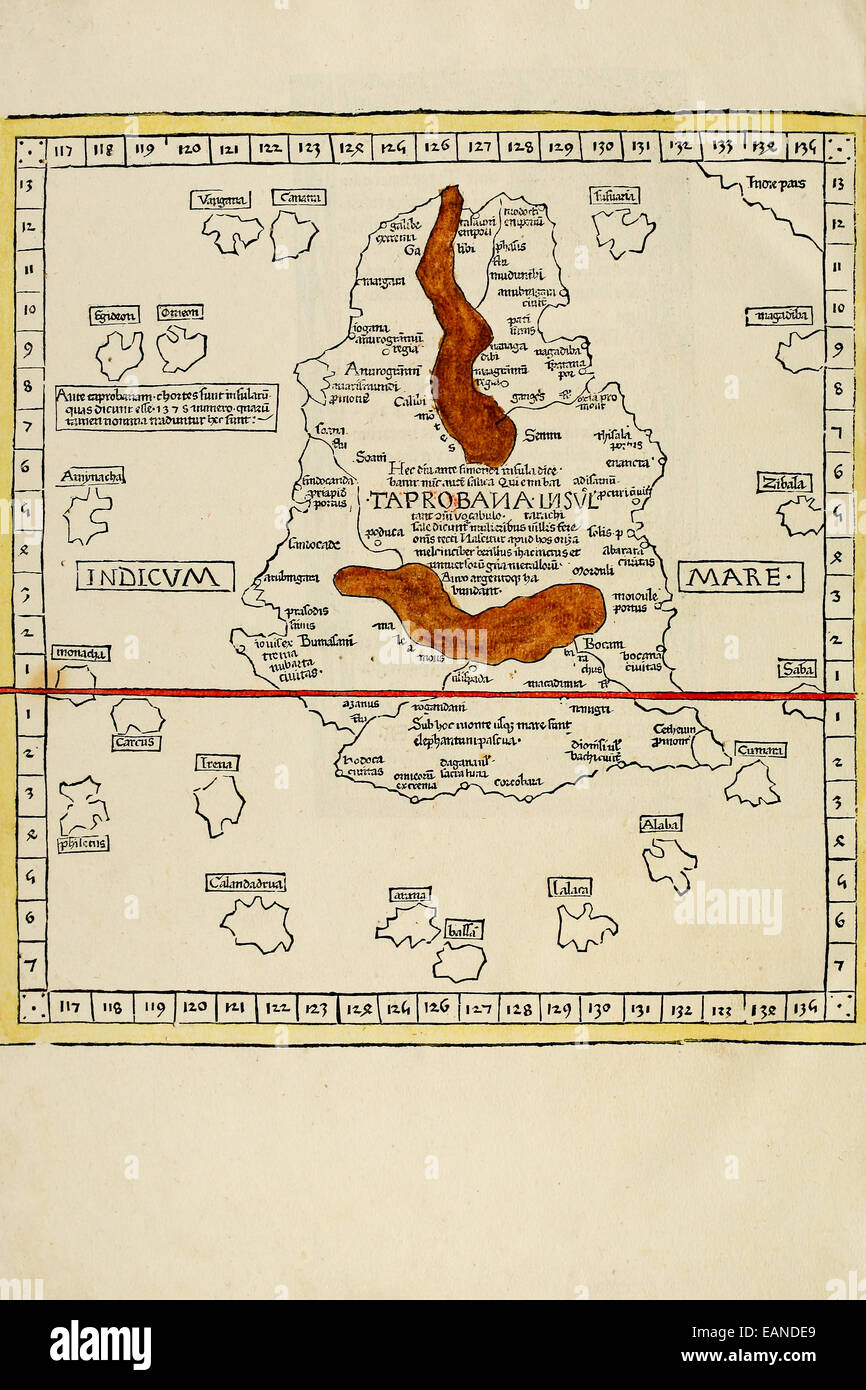 Karte von Taprobana aus "Cosmographia" von Claudius Ptolemäus (Ptolemaeus) (90-168AD). Siehe Beschreibung für mehr Informationen. Stockfoto