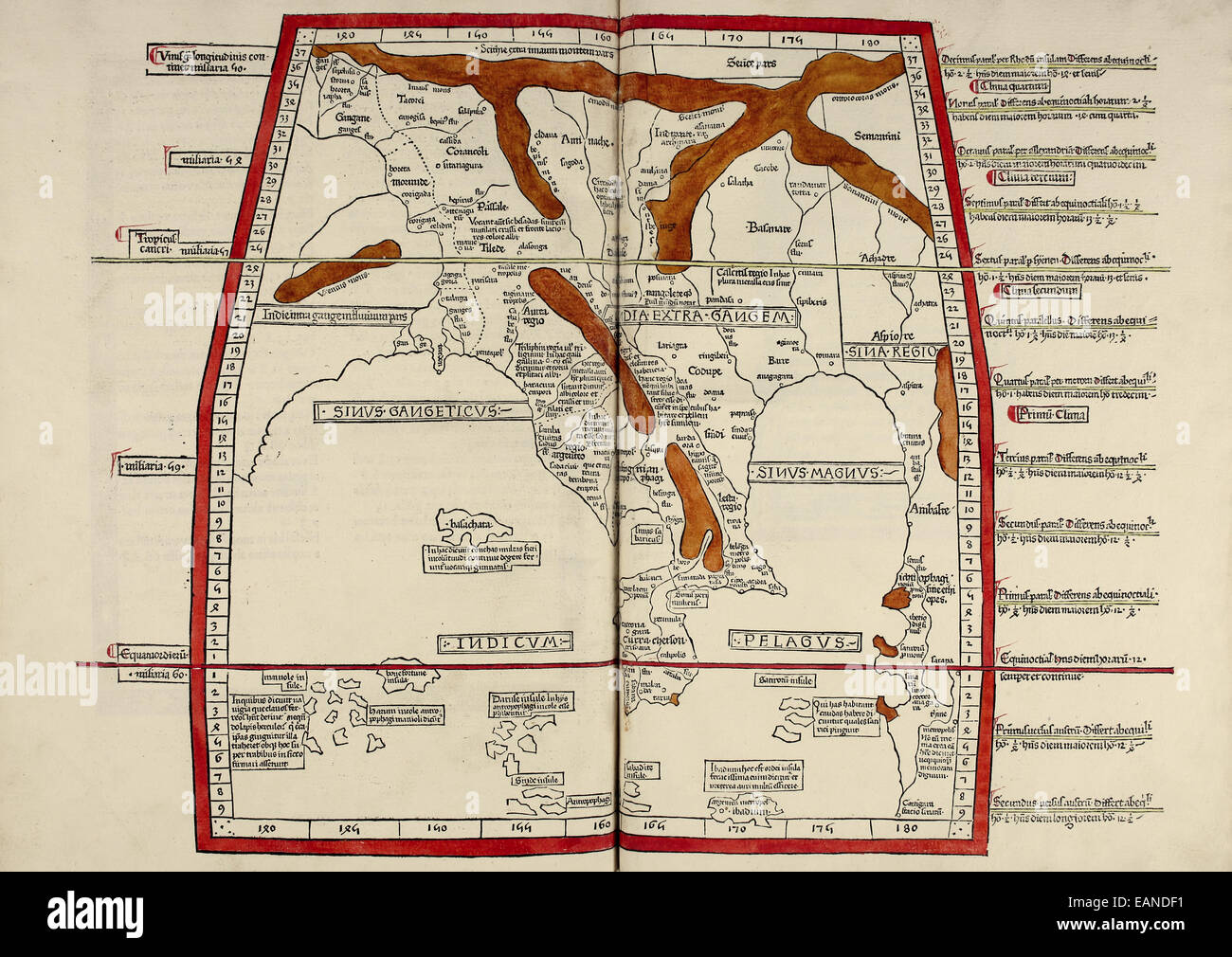 Karte von Indien aus "Cosmographia" von Claudius Ptolemäus (Ptolemaeus) (90-168AD). Siehe Beschreibung für mehr Informationen. Stockfoto