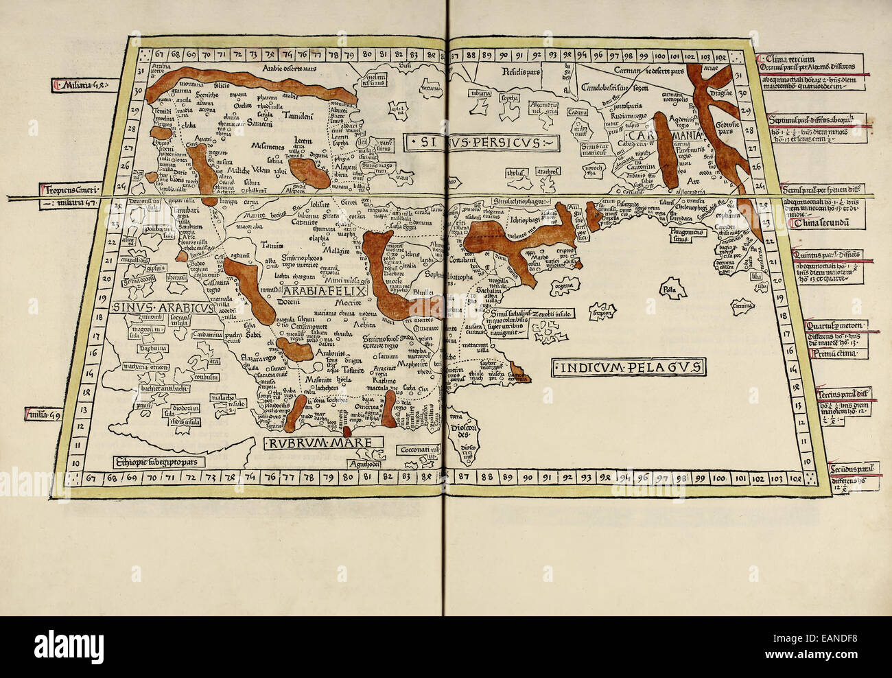 Karte der arabischen Halbinsel aus "Cosmographia" von Claudius Ptolemäus (Ptolemaeus) (90-168AD). Siehe Beschreibung für mehr Informationen. Stockfoto